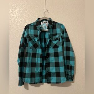 dixxon flannel. size small. and has a blue plaid pattern